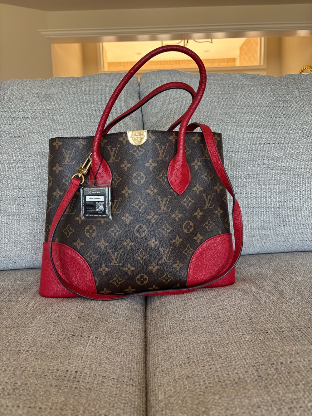 Louis Vuitton Brown Monogram Flandrin Tote with Red Leather Trim